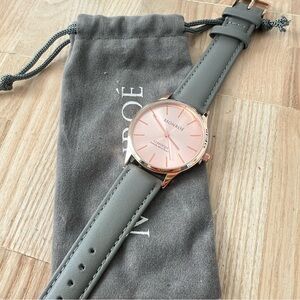 Monroe ladies rose gold tone gray leather watch NEW BATTERY